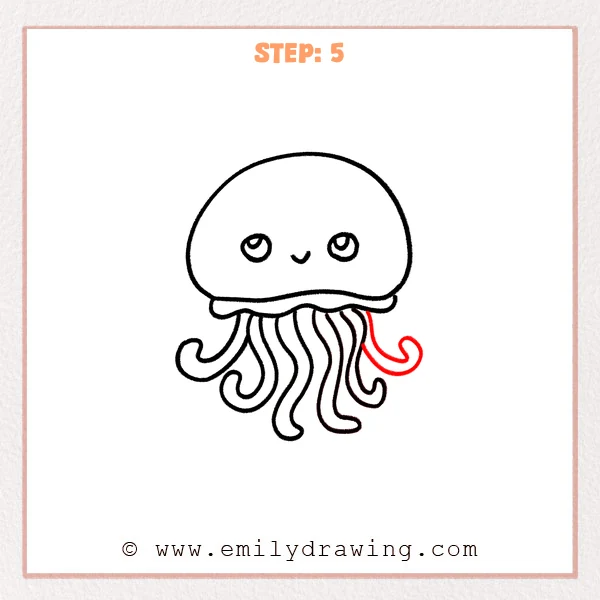 how to draw a cartoon jellyfish - Step 5 shows a cartoon jellyfish with a new outward-curving right tentacle that helps balance the design.